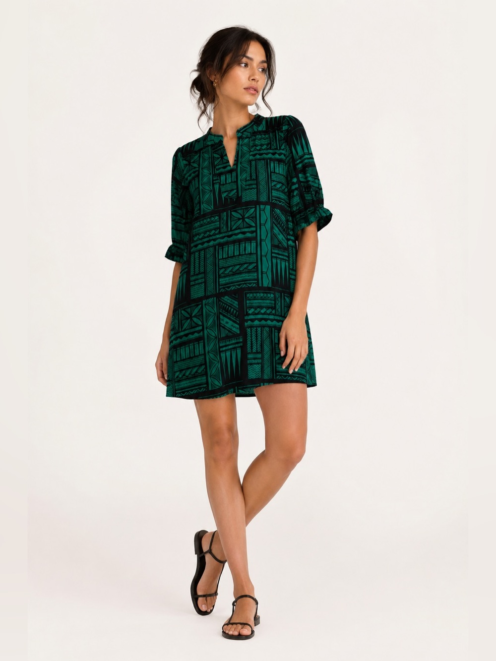 Tanoa Green Polynesian Print Midi Dress XS Island Resort Pacific Tribal